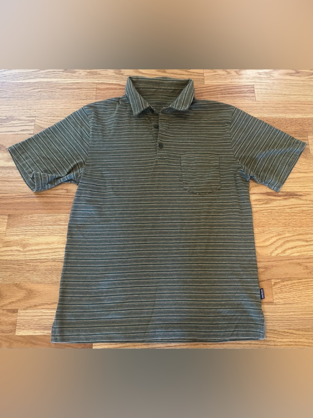 Patagonia Squeaky Clean Polo Shirt Mens Organic Cotton Striped Pocket Green Sz S